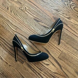 Salvatore Ferragamo women’s size 8 C Rory black suede with gold zipper heels